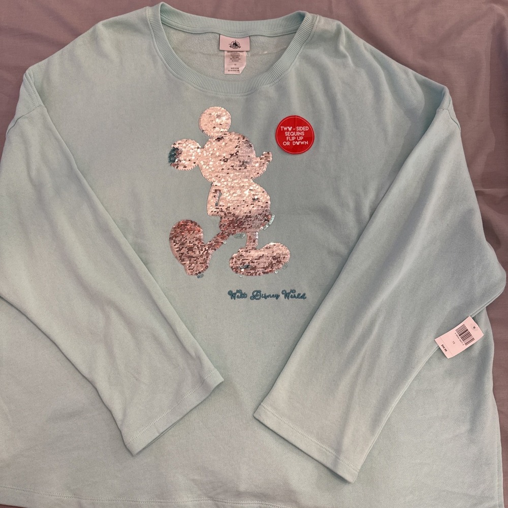 Disney World Women's 2 Way Sequined Pullover Top 1X Auth Disney Parks Blue NWT